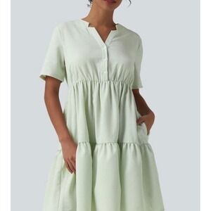 Halara Green White Striped Seersucker Tiered Babydoll Mini Dress XL Pockets